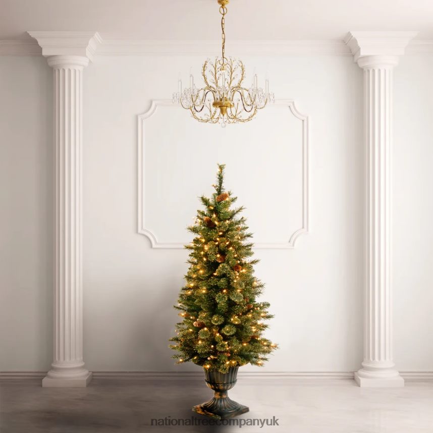 Trees | National Tree Company Pre-Lit Artificial Entrance Christmas Tree Glittery Gold Pine Green White Lights Decorated with Berry Clusters Pine Cones Includes Metal Base 4 Feet F2L4F205